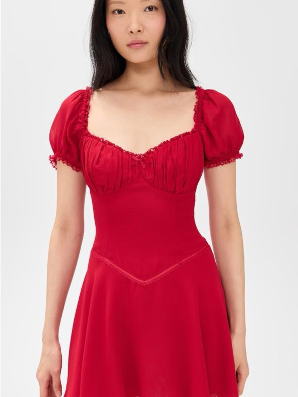Reformation Ondine Red Puff-Sleeve Sweetheart Dress